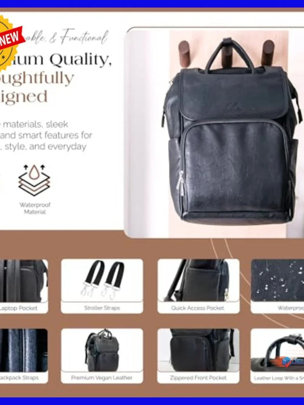 Large Vegan Leather Diaper Backpack with Insulated Pockets & Changing Pad